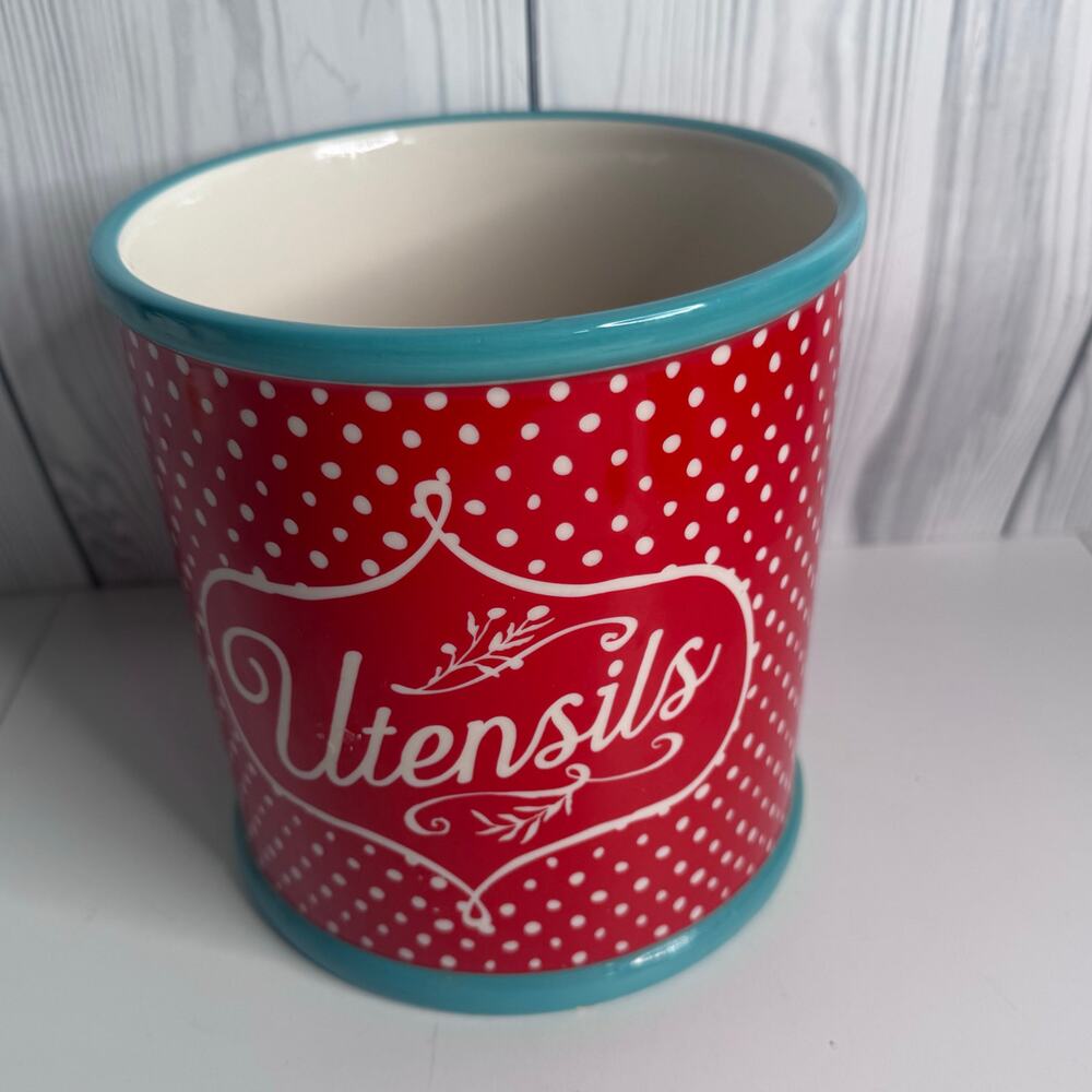 Pioneer Woman Polka Dot Utensil Crock Red Teal Utensil Holder Stoneware